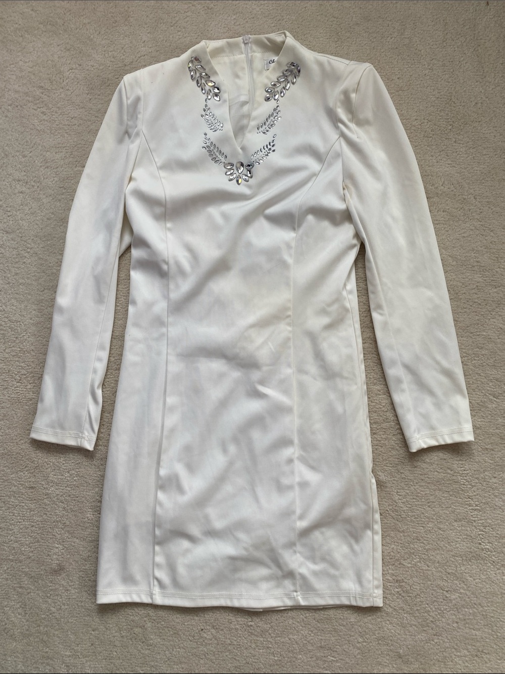 Elegant White Long-Sleeve Embellished V-Neck Dress